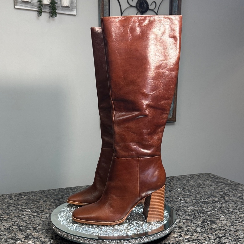 Nine West Brown Leather block heel square toe Heeled knee high Boots NEW 9 - Picture 4 of 10